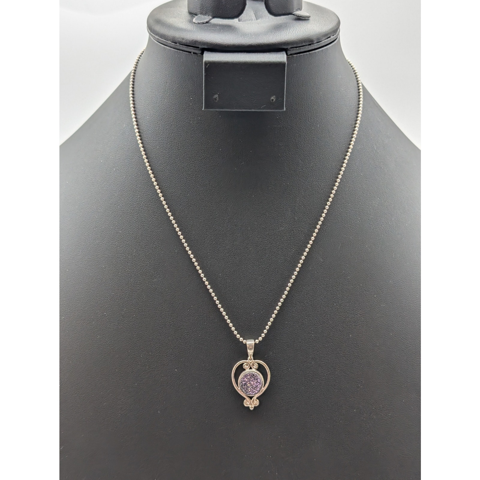 Signed Sajen 925 Sterling Blue Purple Druzy Pendant Bead Ball Chain 18